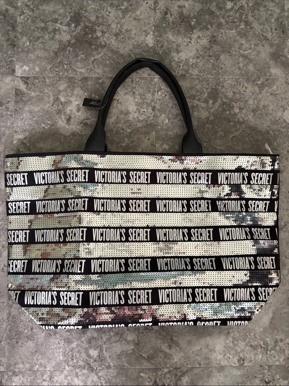 Victoria's Secret Black and Silver Sequin Logo Stripe Tote